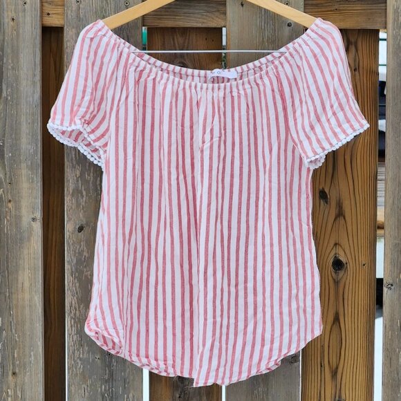 BEAUTIFUL CLEO BLOUSE Women's Size M Pinstripe Pom Pom Sleeve Beach Blanket - Picture 1 of 7